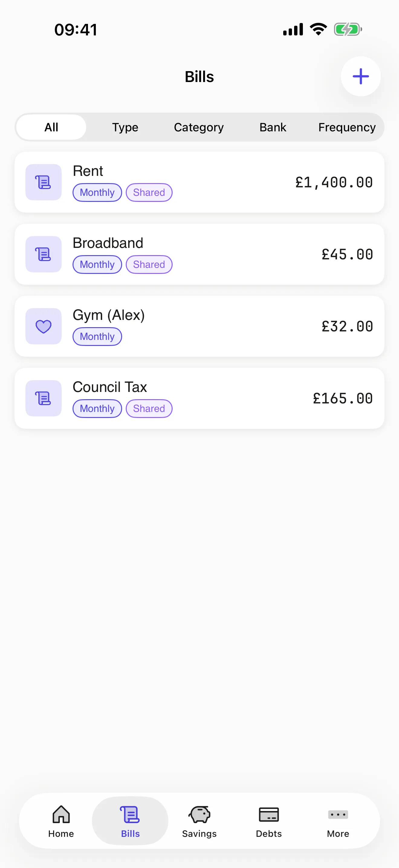 CoupleCash bills screen listing recurring bills with shared and monthly tags