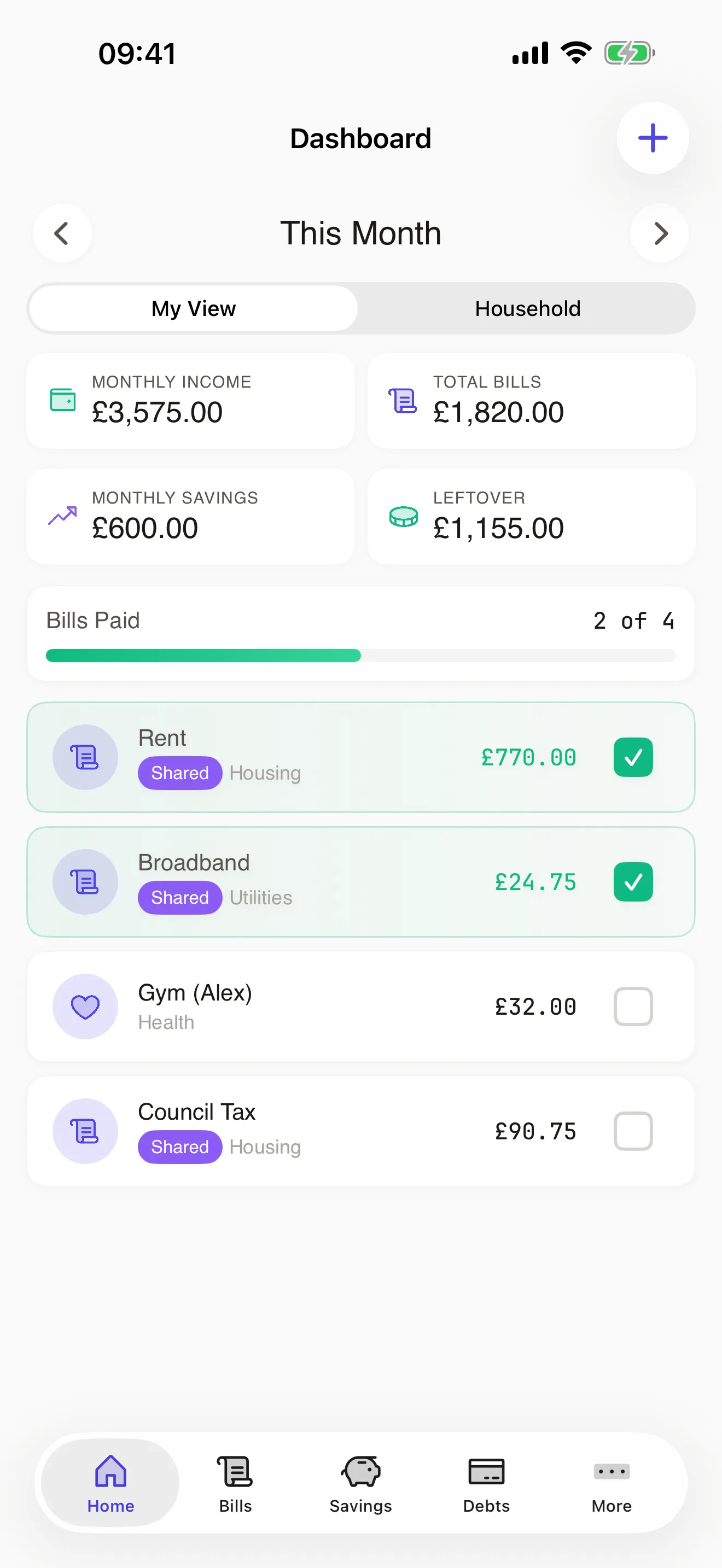 CoupleCash dashboard showing shared and personal bills, income, savings and leftover for the month