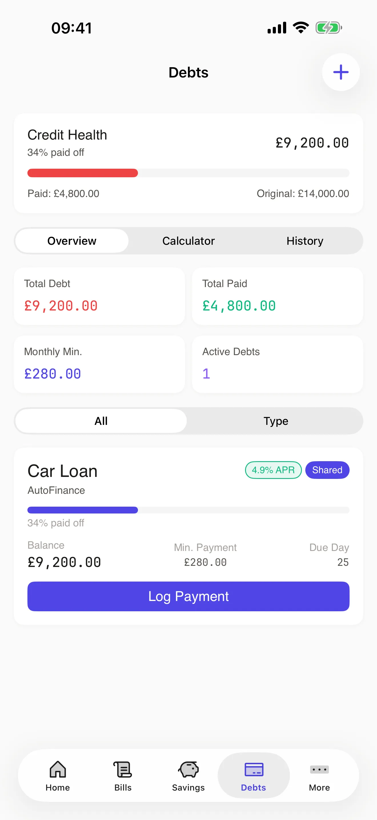 CoupleCash debts screen showing tracked debts and payoff progress