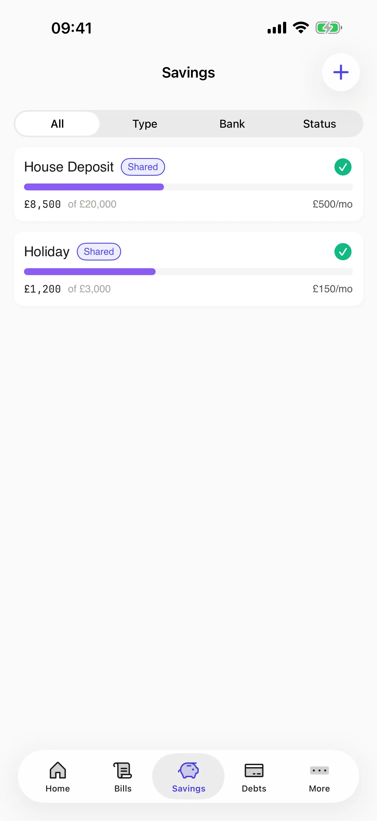 CoupleCash savings screen showing shared savings goals and progress